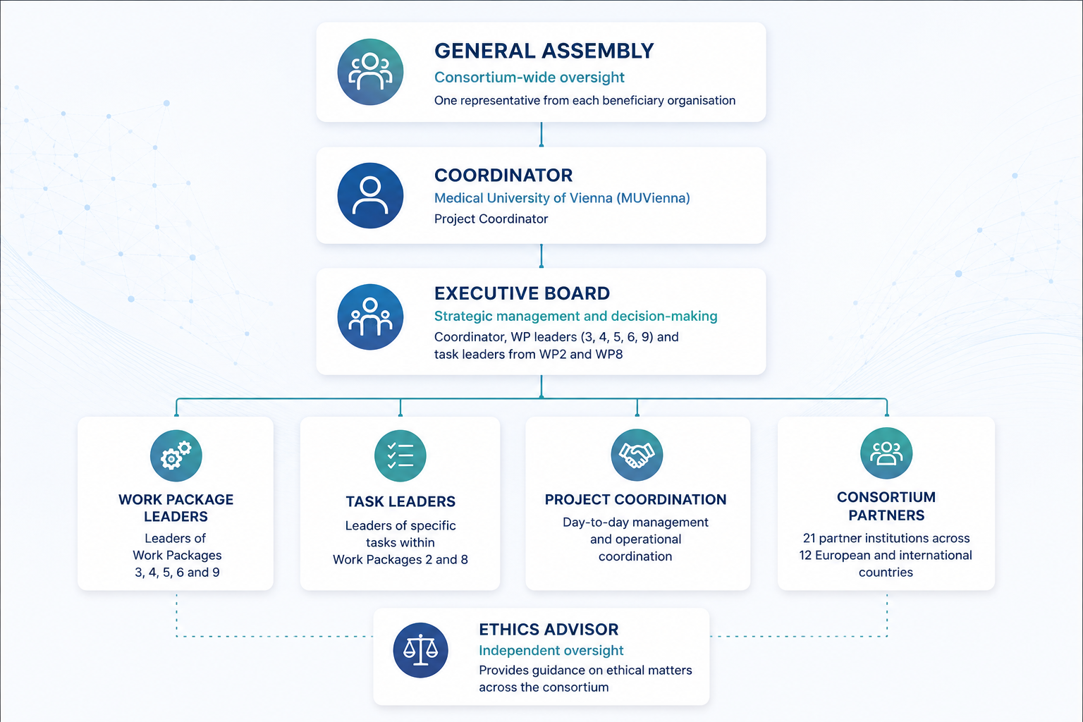 DISCOVER-ME governance structure showing the General Assembly, Coordinator, Executive Board, work package and task leaders, project coordination, consortium partners and independent Ethics Advisor