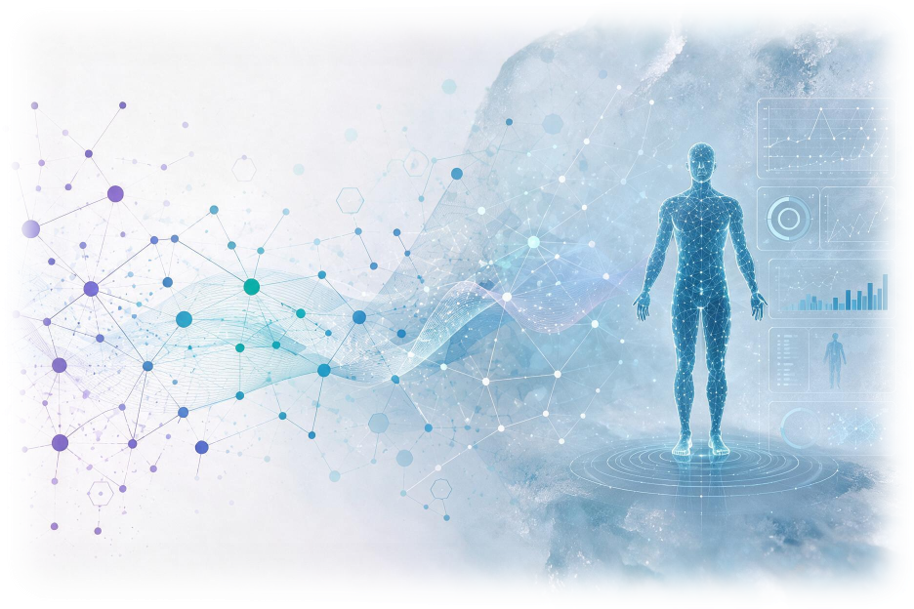 Abstract biological network connected to a computational human model.