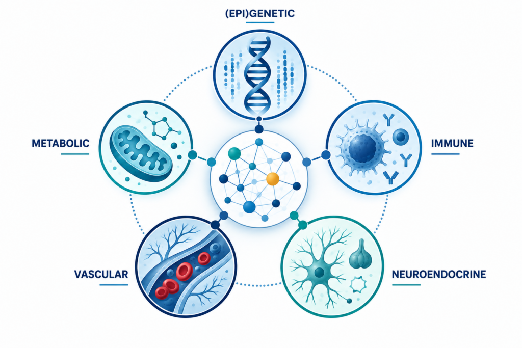 Five interconnected DISCOVER-ME research domains: (epi)genetic, immune, metabolic, neuroendocrine and vascular.