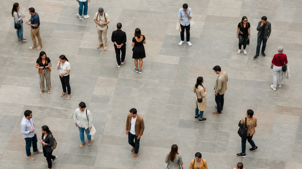 an verhead diverse group of adults standing in open space, natural arrangement, neutral background, muted colours